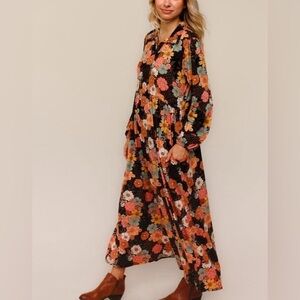 Boho Collared Notch Neck Babydoll Fit & Flare Maxi Dress